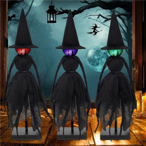 Other - Set of Primitive Witch with Hats, Halloween Decorations Indoor,with 3 LED